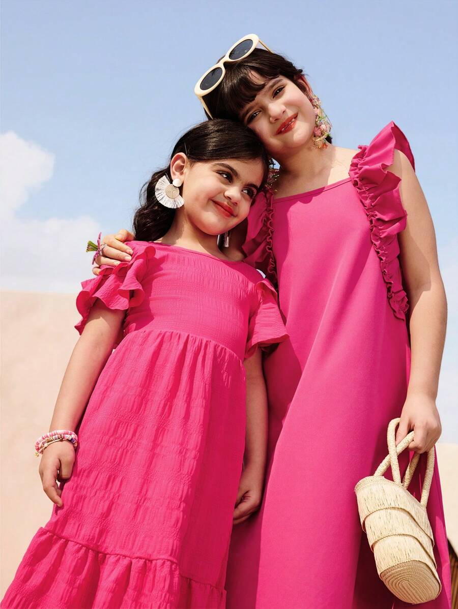 Tween Girls Vacation & Casual Sleeveless Loose Dress, Ruffle Hem, Rose Red, Suitable For Outing, Holiday, Daily, School, Summer - Hot Pink - View 1