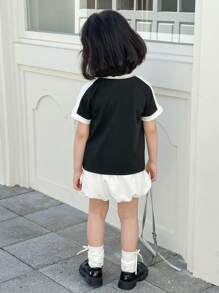 SHEIN Little Byeori Young Girls Casual Short Sleeve T-Shirt And Ruffle Shorts 2-Piece Set - Black and White - View 3
