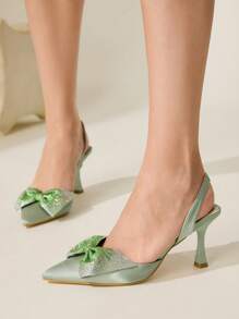 CUCCOO CHICEST Colorful Rhinestone Bow Decor Versatile Sweet Style Women Pumps - Green - View 7