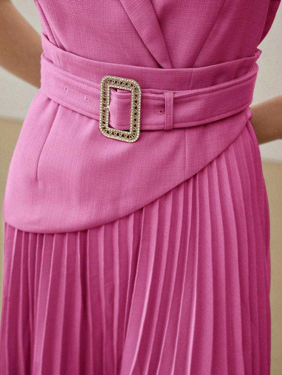 MOTF PREMIUM CONTRAST PLEATED BELTED DRESS - Pink - View 2