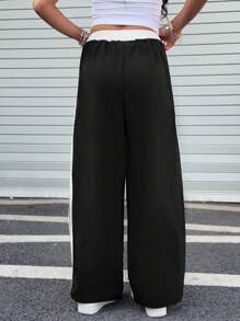 SHEIN 少女宽松拼色印花阔腿裤，休闲度假街头风，春夏 - 黑色 - 查看 2