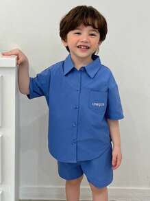 DAZY 2 Stücke Kleinkind Jungen lässiges, weites Kurzarmshirt mit Buchstabenaufdruck und kurze Hose Set, Sommer