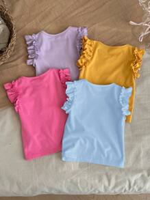 SHEIN LMoss Kids 4 chiếc áo thun cổ tròn xếp nếp màu trơn cho bé gái - Màu xanh lam - Xem 2