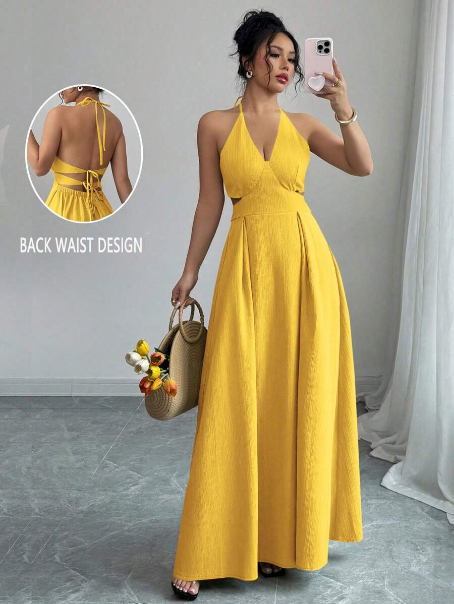 Elenzga 度假风深V露背镂空黄色长裙，纯色 - 黃色 - 查看 1
