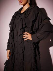 Vixey Áo sơ mi cổ bẻ dáng hi-lơ cao, cài cúc, chất liệu chiffon mỏng nhẹ, chi tiết bèo nhún, phong cách Boho dành cho nữ, thích hợp cho mùa xuân và mùa hè. - màu đen - Xem 6