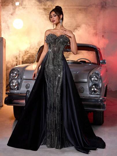 Glamrae Elegant Luxurious 3D Pearl Bead Floral Sequin Splice Satin Strapless Mermaid Maxi Dress With Extra Wide Hem, Suitable For Wedding, Party, Vacation, Prom, Gala (Heavily Embellished)