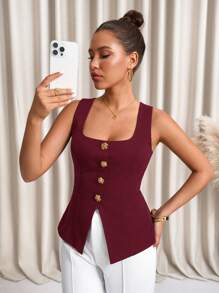 Lavishia Áo vest trang trí cổ vuông có nơ cho nữ, thời trang cho mùa hè - Màu Đỏ Sâu - Xem 6