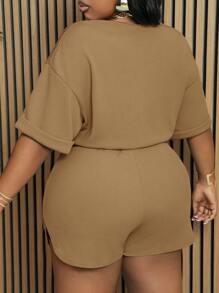 Slaydiva Slayr 大码纯色抽绳开衩女式两件套休闲夏季套装 - 棕色 - 查看 2