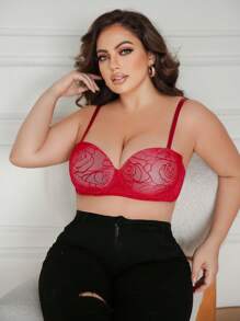 Sujetador lencero de balcón con aros y push up para tallas grandes y curvilíneas, diseño floral elegante rojo, uso cómodo diario