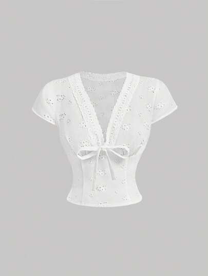 SHEIN MOD 女士刺绣蝴蝶结短袖衬衫，白色