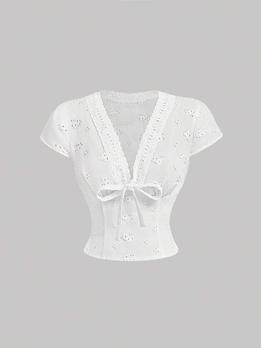 SHEIN MOD 女士刺绣蝴蝶结短袖衬衫，白色