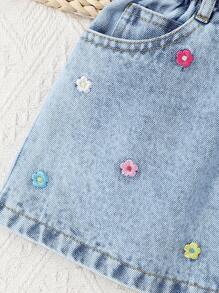 SHEIN Playful Pals 2 chiếc váy ngắn denim rộng rãi thoải mái dễ thương cho bé gái, thêu hoa dễ thương, không co giãn, váy ngắn tay lửng, áo len cardigan nhẹ mùa hè, hàng mới về mùa xuân/hè 2025, thích hợp cho các buổi đi chơi hàng ngày - Rửa trung bình - Xem 5