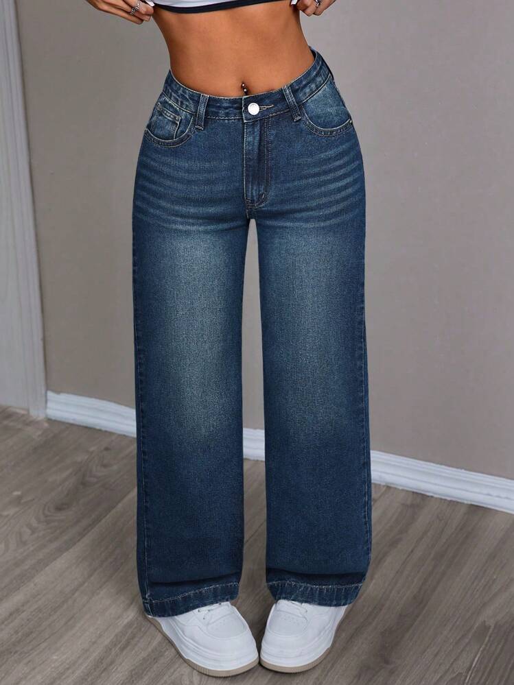 SHEIN PETITE Jeans de mezclilla holgados y de moda, apropiados para el verano - Azul lavado oscuro - Añade 5