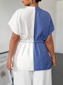 Elenzga Plus Size Notched Neck Denim Effect Texture Shirt With Button Front, Adjustable Waist Belt, Contrast Color Splice, Casual Wear & Commute - Blue and White - View 5