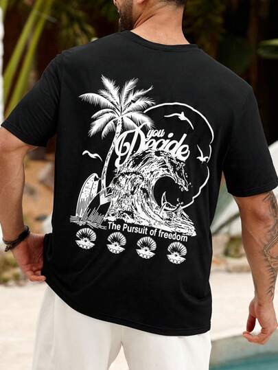 Genlund 大码男士泡沫字母和棕榈树印花短袖休闲T恤