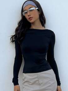 DAZY Sports Casual Plain Exposed Back Long Sleeve Fitted Tee For Women, Spring - Black - View 4