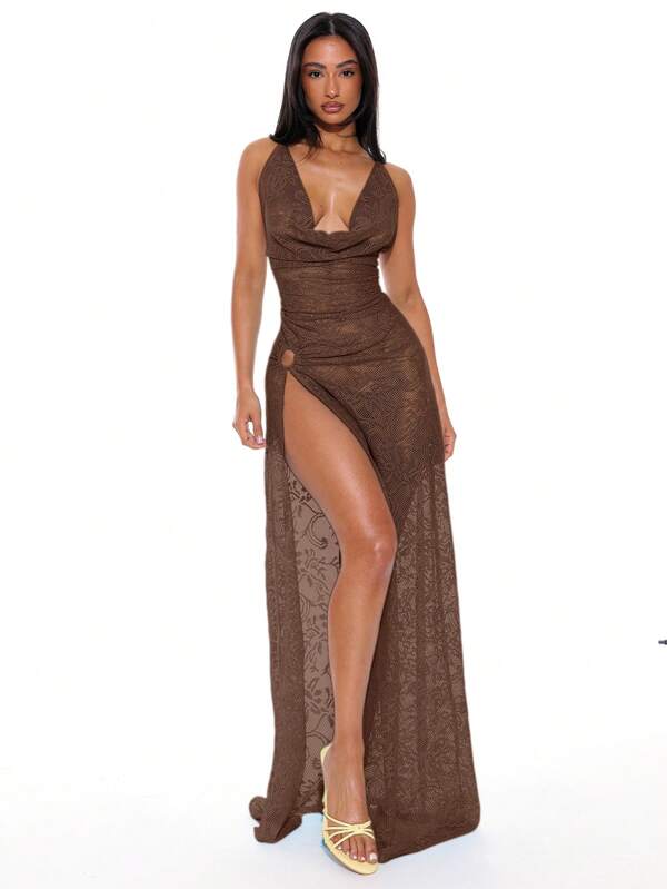Musera Resort Halterneck Draped Ring Detail Sexy Club Side Leg Split Thigh Lace Maxi Dress Cover Up For Summer Spring Holiday Vacation Ibiza Beachwear