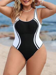 Swim Lushoire Plus Size One-Piece Vacation Contrast Trim Splicing Color Block Slimming Swimsuit For Summer - Black and White - View 3