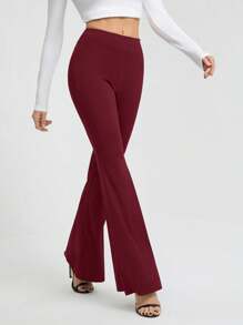SHEIN Tall Casual Solid Color High-Waist Flared Pants - Burgundy - View 3
