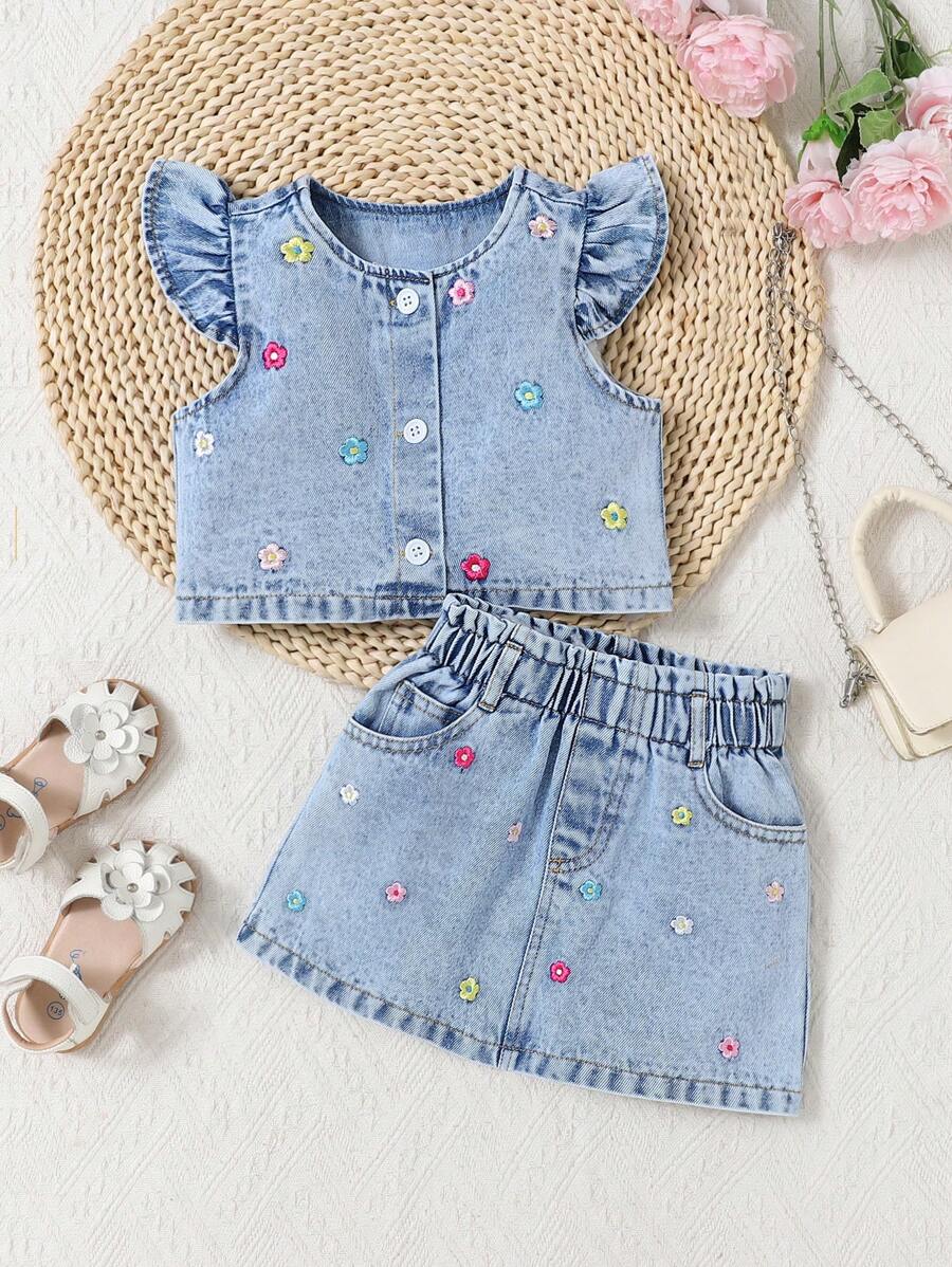 SHEIN Playful Pals 2 chiếc váy ngắn denim rộng rãi thoải mái dễ thương cho bé gái, thêu hoa dễ thương, không co giãn, váy ngắn tay lửng, áo len cardigan nhẹ mùa hè, hàng mới về mùa xuân/hè 2025, thích hợp cho các buổi đi chơi hàng ngày - Rửa trung bình - Xem 1