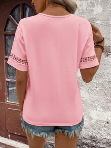 EMERY ROSE Women's Solid Color V-Neck Short Sleeve Lace Patchwork Summer T-Shirt
