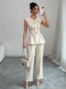 Elenzga Completo estivo da donna composto da blusa smanicata elegante con fiocco in vita e pantaloni lunghi, adatto per festival musicali, vacanze e uso quotidiano in tutte le stagioni