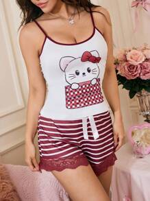 SweetSlumber 2pcs/Set Women Cute Cat Pattern Bowknot Pajama Set