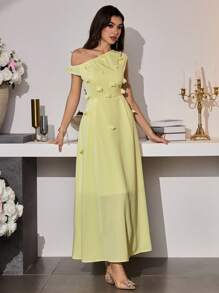 Modelyn Vestido con estampado floral, cuello de pie asimétrico para los hombros de la mujer, estilo romántico, elegante y encantador, para la primavera
