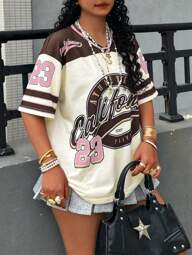 INAWLY Plus Size T-Shirt With All-Over Digital Placement Printing, Minimalist Fashion Style Suitable For Summer