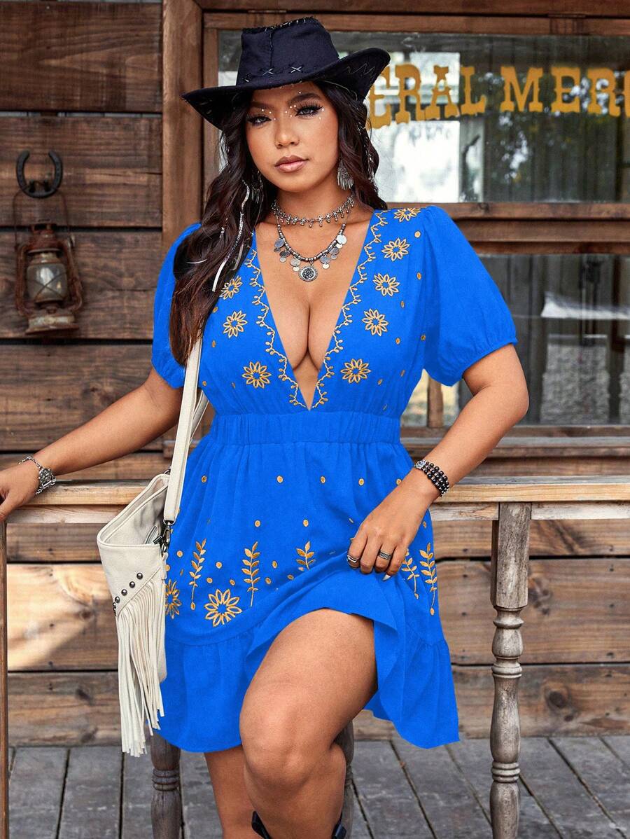 Flirla Plus Size Embroidered Vowel Pattern Dress, Simple & Fashionable, Suitable For Summer - Multicolor - View 1