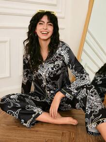 Women Dragon Pattern Cardigan Pajama Set - Multicolor - View 5