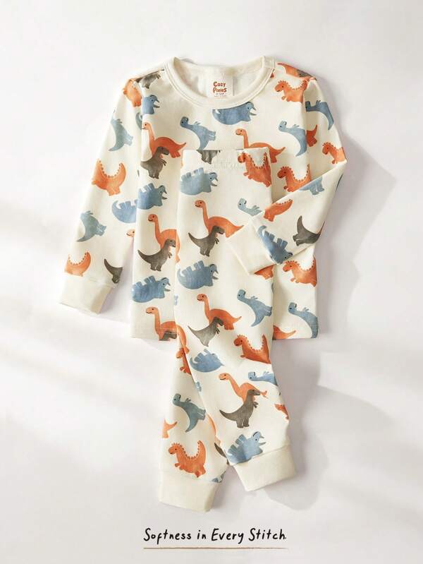Cozy Pixies Baby Boy Snug Fit Pajama Set - Cartoon Animal Print Soft Knit Crew Neck Long Sleeve Top And Elastic Waist Long Pants 2PC