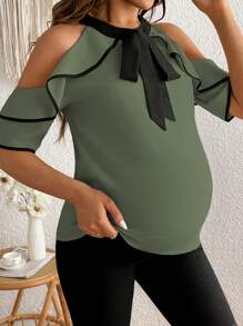 SHEIN Elegant Color Block Strapless Tie Neck Ruffle Hem Maternity Top, For Summer - Olive Green - View 4