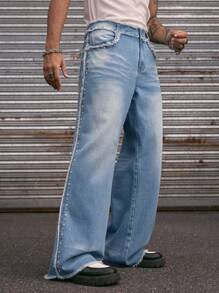 AXEPEAK Multi Size Fashion Street Style Distressed Wide Leg Straight Fit Men's Jeans, Streetwear Essential