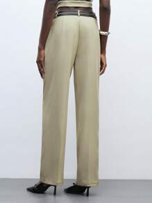 Maija Women's Light Green Summer Pants, Solid Color With Elastic Waist, Pockets, Double Belts, Straight And Loose Casual Fashion Everyday Wear, Suitable For Urban Commuting, Office And Formal Occasions - Green - View 5