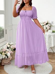 SHEIN Clasi Plus Size Sweet Romantic Pink Square Neck Bowknot Ruffle Hem Long Dress Easter Wear - Purple - View 1