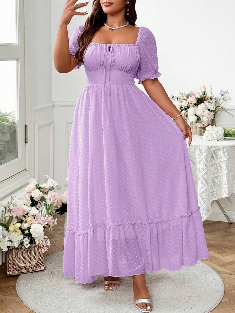 SHEIN Clasi Plus Size Sweet Romantic Pink Square Neck Bowknot Ruffle Hem Long Dress Easter Wear - Purple - View 1