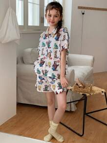 DAZY Tween Girls Fall Print Collared Top + Shorts Home Outfit, Summer, Back To School Clothes - White - View 6