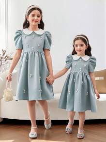 青少年女孩办公室优雅翻领短袖连衣裙 - 薄荷綠 - 查看 12