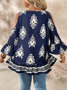 SHEIN LUNE Plus Size Open Shoulder Tie-Up Fringed Blouse - Navy Blue - View 2