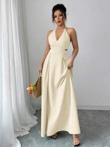 Elenzga Vestido de unicolor con escote en V profundo, espalda descubierta y cordones, estilo vacacional de verano - Albaricoque - Ver 7