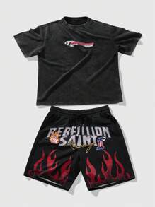 ROMWE MEN Street Life 2 pièces/Set T-shirt à manches courtes avec imprimé graphique et short pour hommes, style décontracté pour le printemps et l'été - Noir - Voir 3