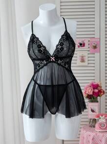 PetitDoll Conjunto de 2 piezas de lencería y negligé con encaje para mujer