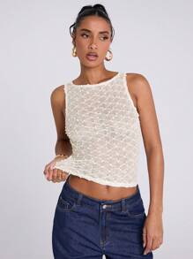 SHEIN BAE Áo tank top nữ mùa xuân hè, kiểu dáng thường ngày, chất liệu xuyên thấu, chất liệu móc len, phong cách moto boho, tay lưới, thích hợp cho các hoạt động ngoài trời, lễ hội âm nhạc, trang phục phương Tây. - trắng - Xem 3