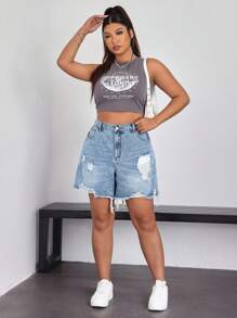 SHEIN ICON Plus Size Ripped Denim Shorts, Fashion Style Suitable For Summer - Blue - View 3