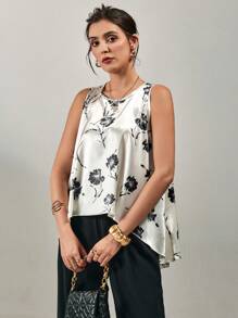 SHEIN Clasi Women Floral Print Asymmetrical Hem Round Neck Tank Top, Summer - Multicolor - View 5