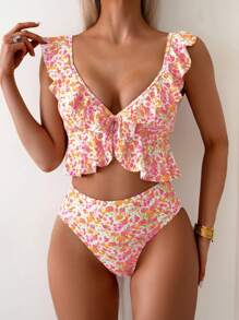 Swim Mod 女士碎花荷叶边泳衣套装 - 彩色 - 查看 3