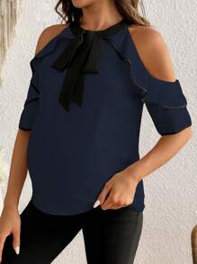 SHEIN Pregnant Women's Elegant Color Block Off Shoulder Tie Neck Ruffle Hem Top, Summer - Navy Blue - View 5
