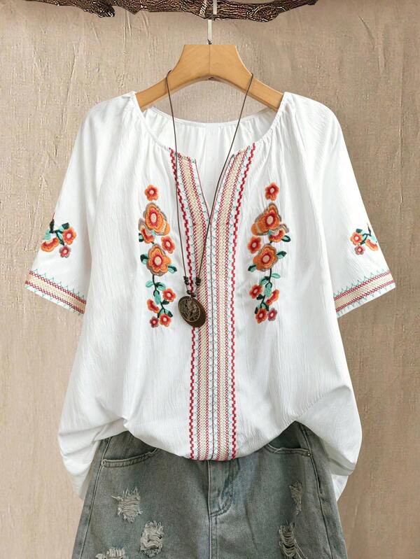 Linhara Blusa de talla grande para mujer con diseño de escote en V y bordado