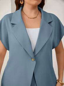 Firerie Plus Size Summer Elegant Formal Dusty Blue Business Office Wear Turndown Collar Short Sleeve Metal Button Blazer And Straight Leg Suit Pants Set - Dusty Blue - View 4